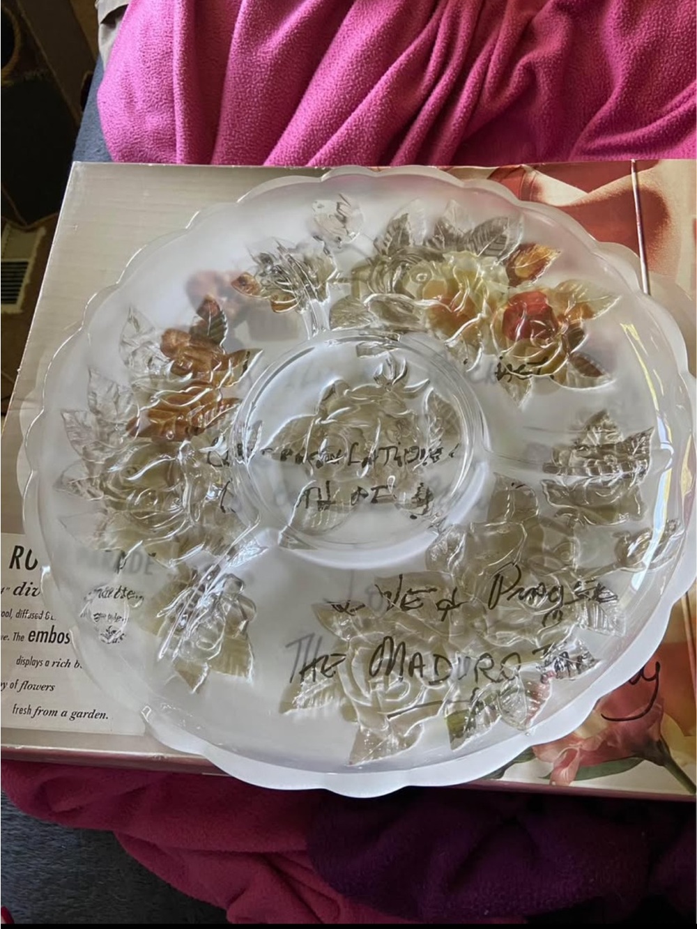 Clear Glass Floral Serving Platter with Gold and Rose Accents